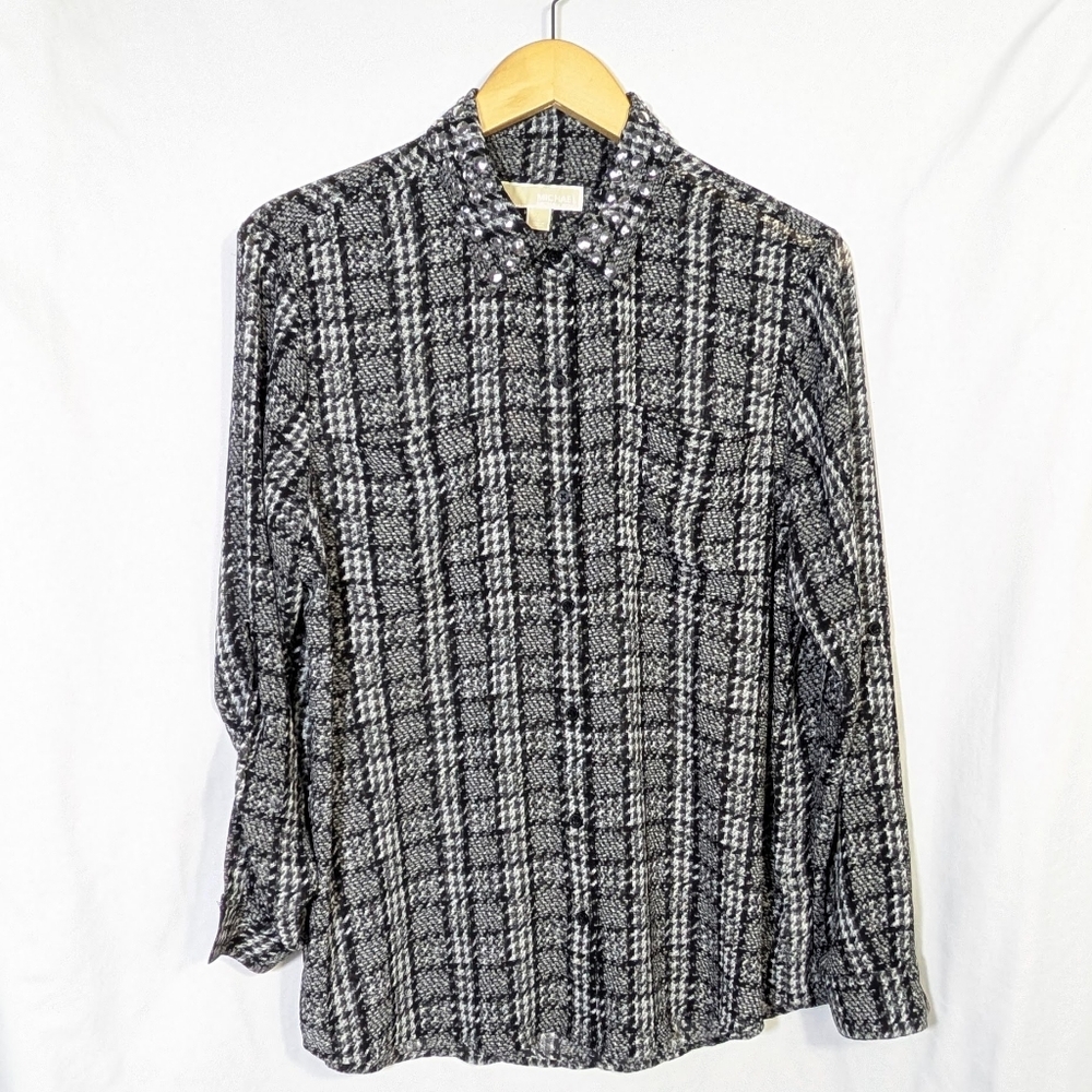 Michael Kors Semi-sheer Tab Long Sleeve Studded Collar Button Down Top Career L
